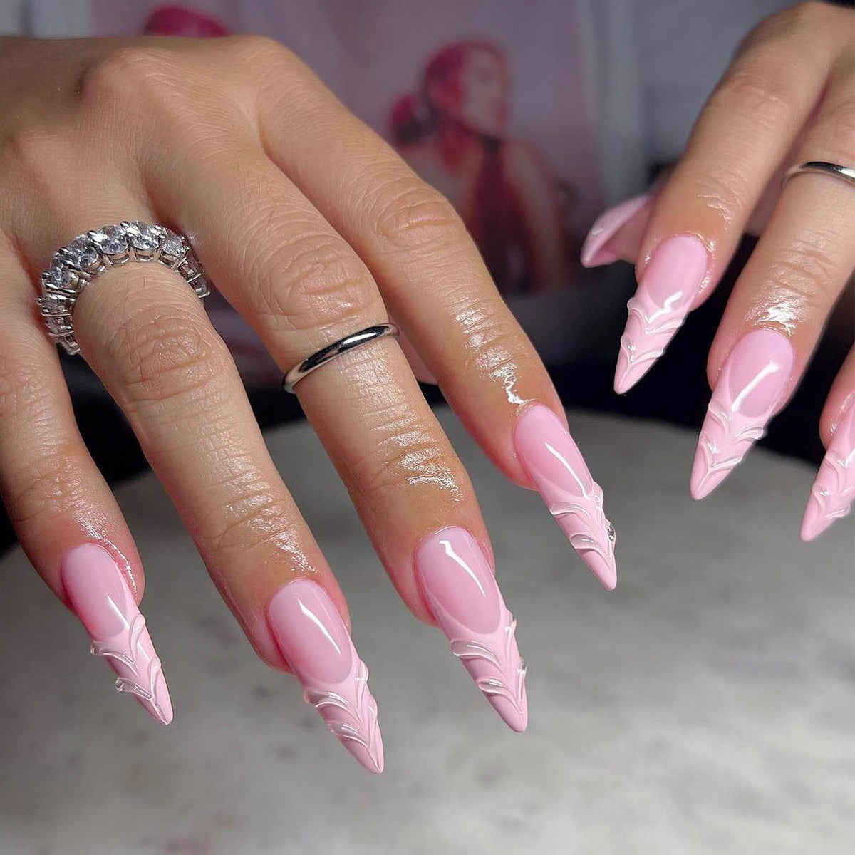 Elegant Pink Fantasy Extra Long Stiletto Press On Nail Set with 3D Art Embellishments