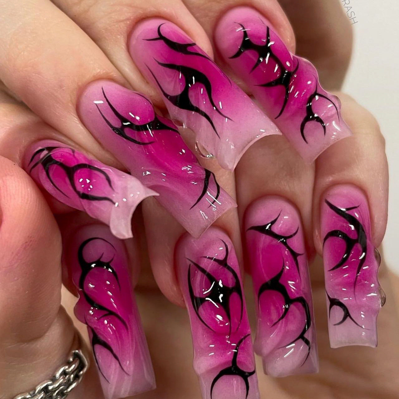 Enchanted Elegance Extra Long Square Pink Ombre Press On Nails with Abstract Art Design