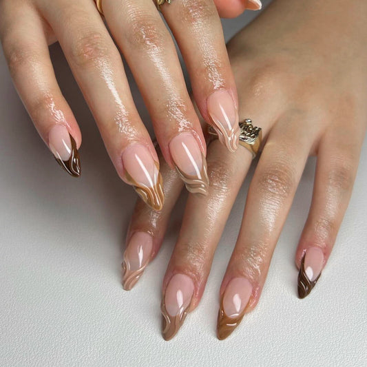 Elegant Affair Medium Stiletto Beige and Coffee Swirl Press On Nail Set with 3D Wave Accent