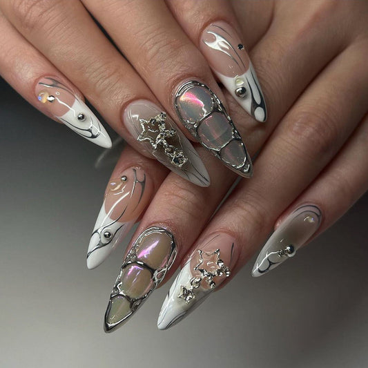 Elegant Affair Extra Long Almond Press On Nails with Duo-Chrome Finish and Embellished Accents
