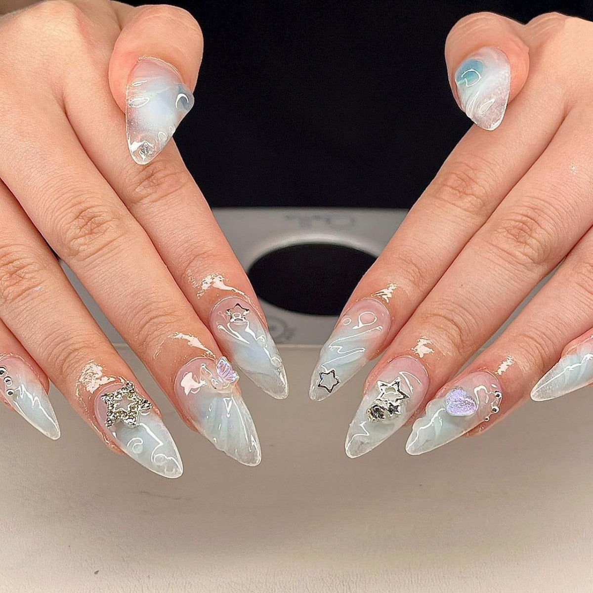 Mystical Mermaid Medium Almond Ocean Blue Press On Nail Set with Iridescent Charms and Glitter Accents