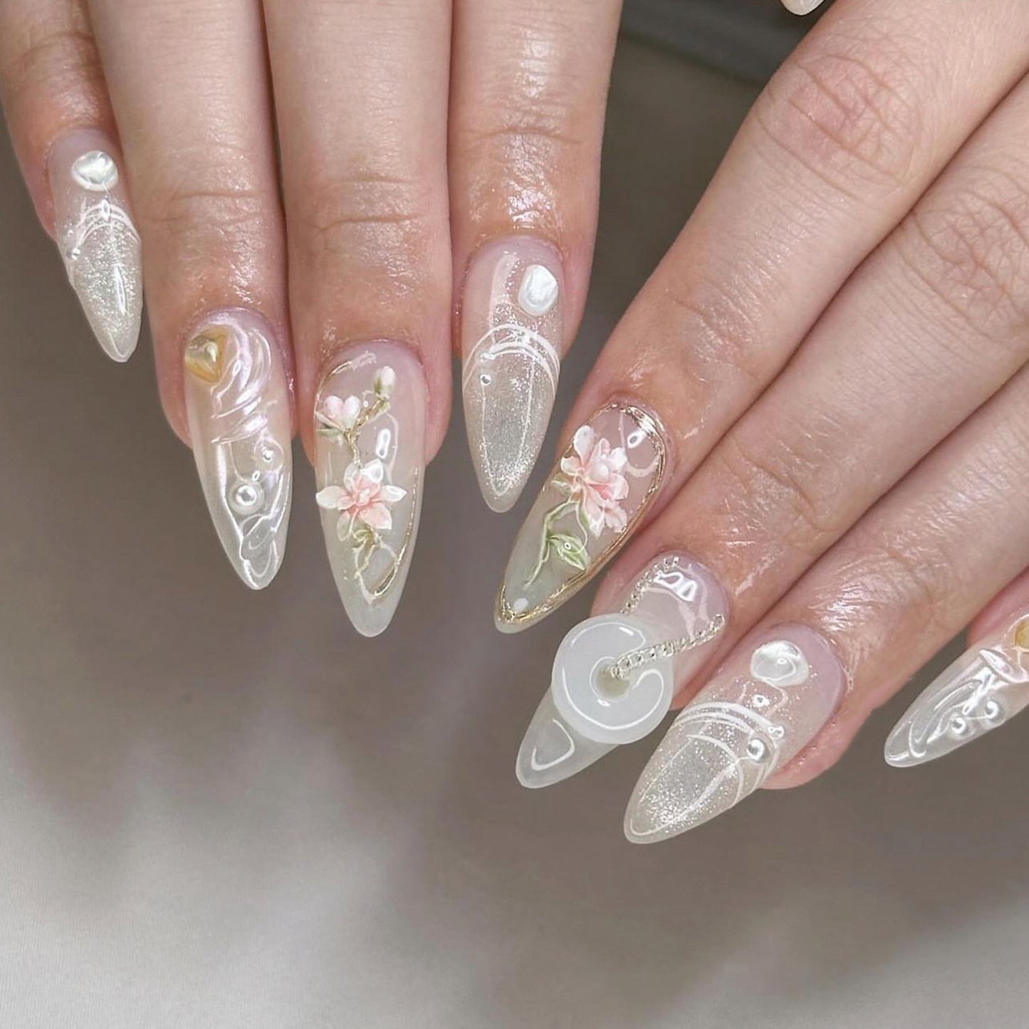 Floral Fantasy Extra Long Stiletto Clear Press On Nail Set with 3D Embellishments and Glitter Accents