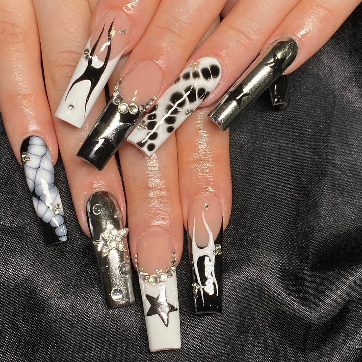 Stargazer Gala Long Coffin Black and White Press On Nail Set with Rhinestone Accents and Artistic Patterns