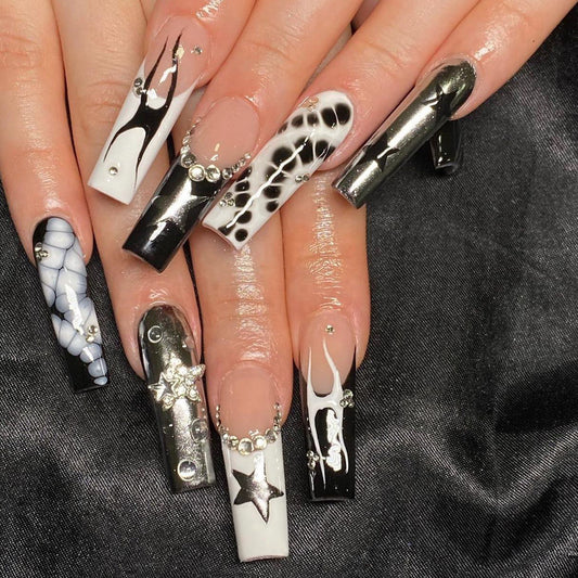 Stargazer Gala Long Coffin Black and White Press On Nail Set with Rhinestone Accents and Artistic Patterns