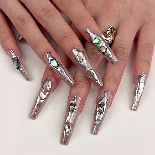 Futuristic Chrome Long Coffin Silver Press on Nails with Iridescent Accents