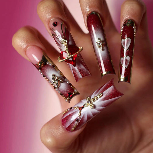 Valentine's Romance Long Coffin Burgundy Press On Nails with Rhinestone Accents and Swirl Designs
