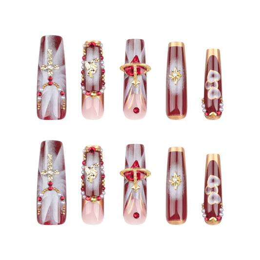 Glamorous Royal Gala Long Coffin Burgundy and Beige Press-On Nails with Luxurious Gemstone Embellishments