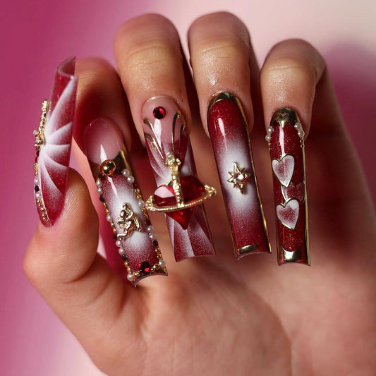 Valentine's Elegance Long Coffin Red Press On Nail Set with Rhinestone Embellishments and Charms