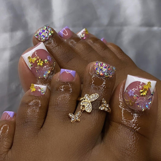 Enchanted Garden Short-Length Square Pink Glitter Butterfly Accent Press-on Toenails Set