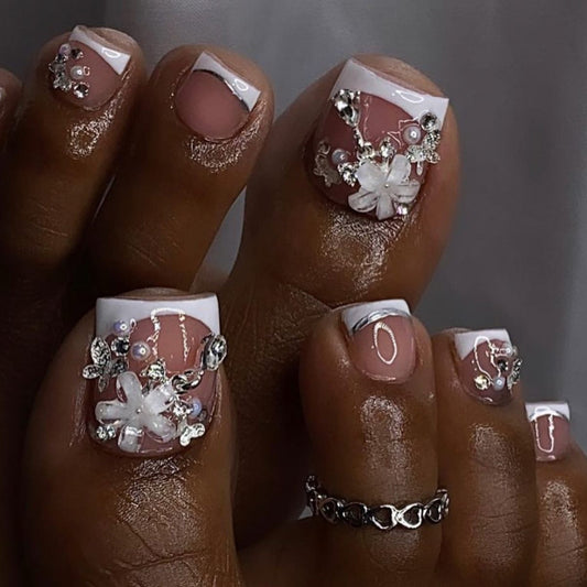 Elegant Bridal Collection Short-Length Square Mauve Press On Toenails with 3D Floral Embellishments