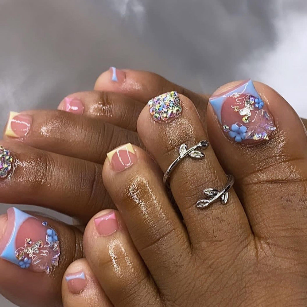 Enchanted Garden Short-Length Square Cut Press On Toenails Set in Pastel Pink and Blue with 3D Flower Accents