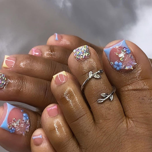 Enchanted Garden Short-Length Square Cut Press On Toenails Set in Pastel Pink and Blue with 3D Flower Accents