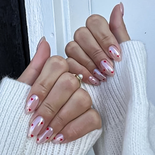 Romantic Valentine's Day Medium Almond Pink Press On Nail Set with Heart Accents