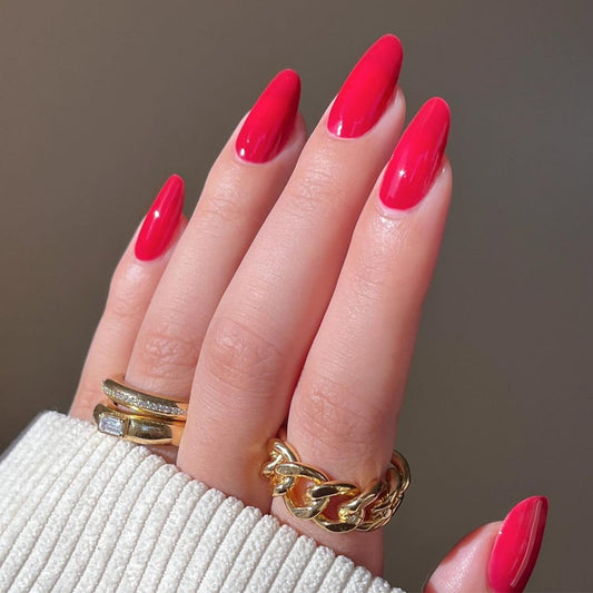 Enchanted Evening Medium Oval Vibrant Red Glossy Finish Press On Nails Set