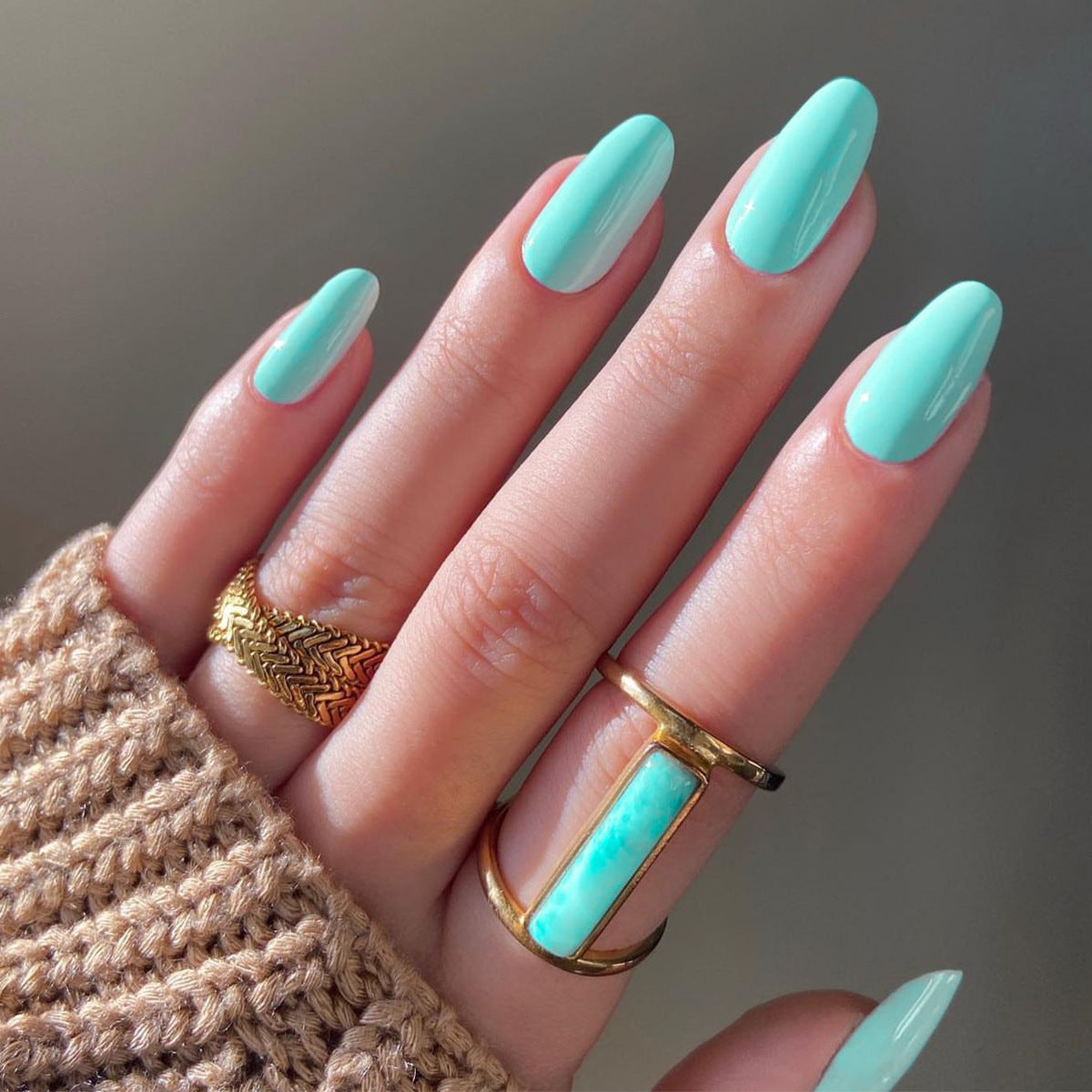 Ocean Bliss Medium Oval Mint Green Press On Nail Set with Glossy Finish