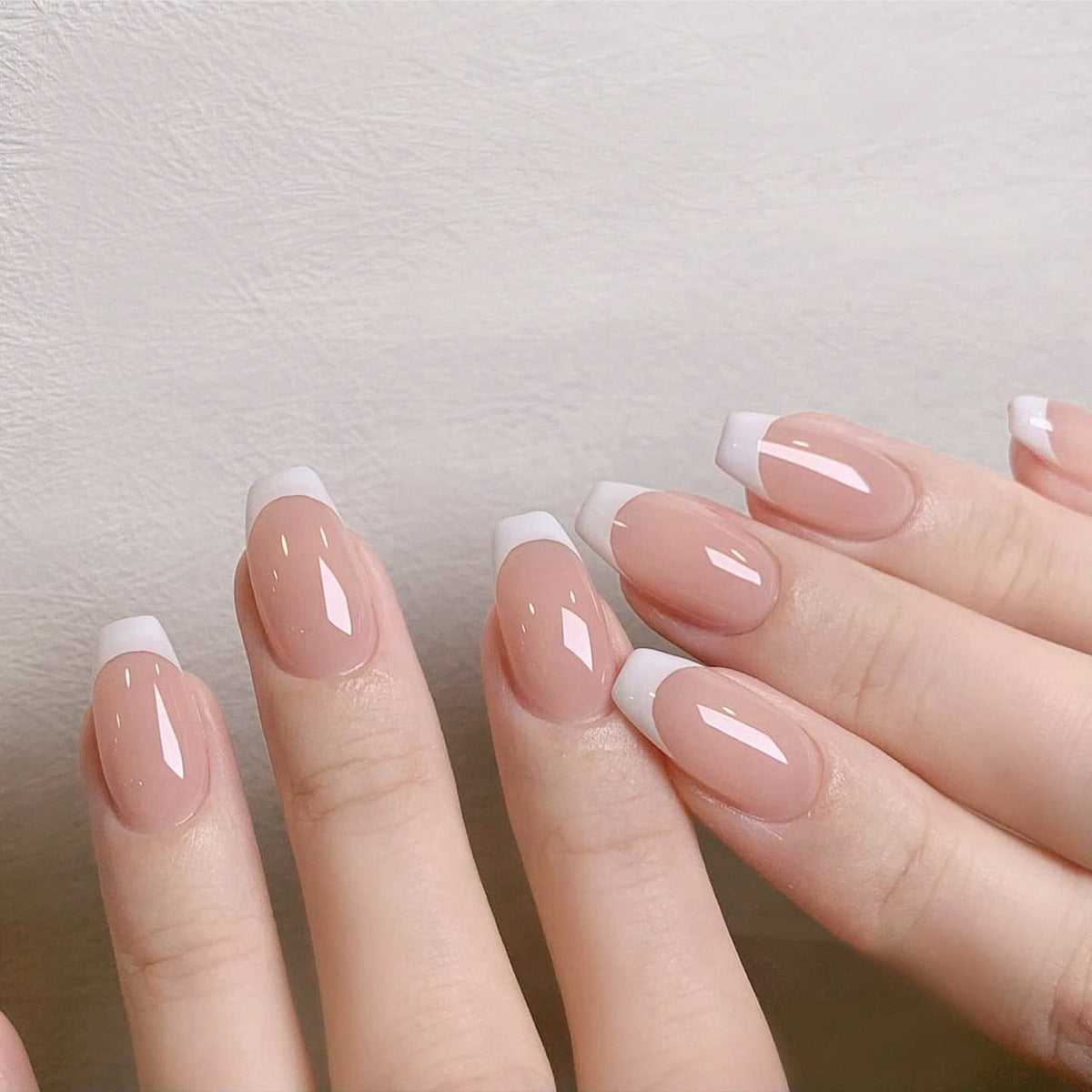 Elegant French Manicure Medium Coffin Pink & White Press On Nail Set with Gloss Finish