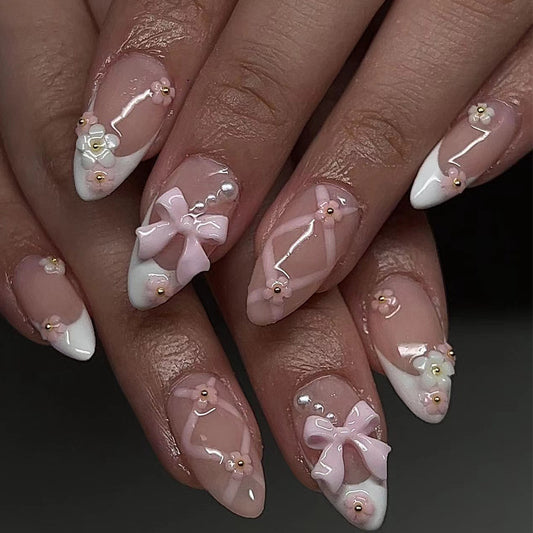 Elegant Affair Medium Almond Pink and White Press On Nail Set with 3D Bow Accents and Rhinestone Embellishments