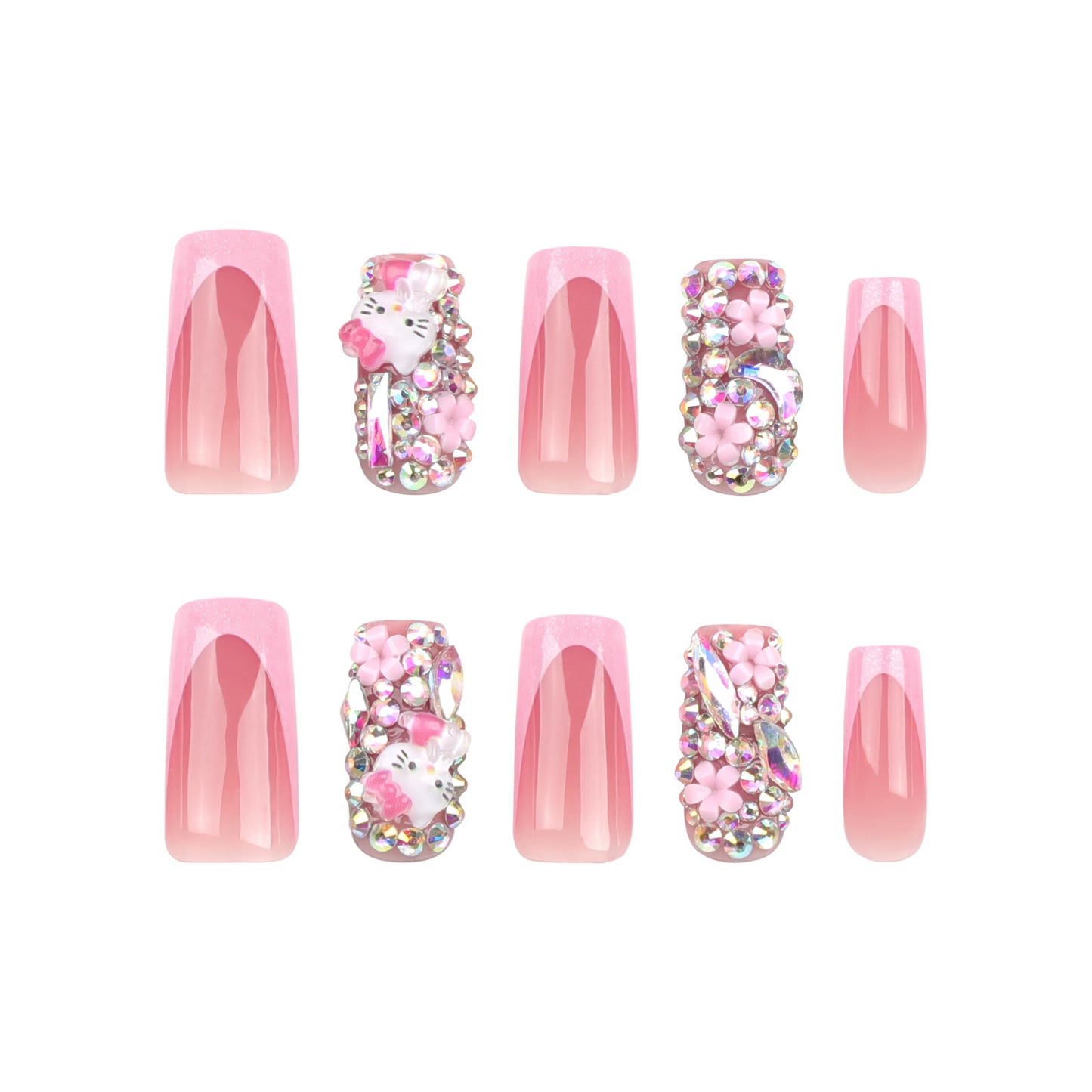 Charming Pastel Dreams Medium Square Pink Press On Nail Set With Floral And Crystal Accents