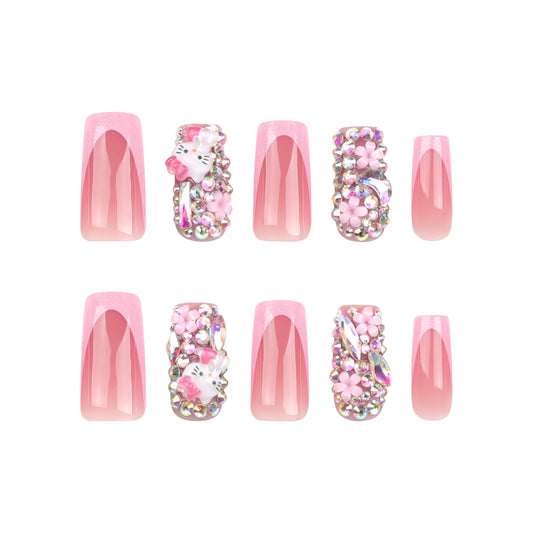 Charming Pastel Dreams Medium Square Pink Press On Nail Set With Floral And Crystal Accents