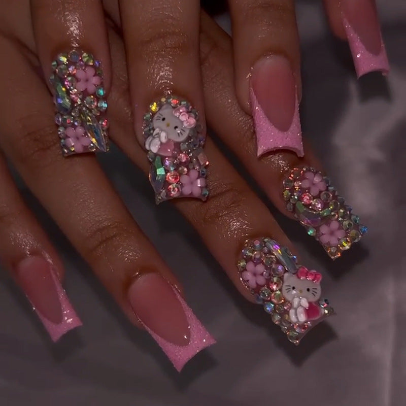 Cute Kitty Glamour Medium Square Pink Glitter Press On Nail Set With Floral Gems And Hello Kitty Accents