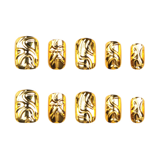Golden Glamour Curved Short Squoval Shaped Press On Nail Set with Unique Marble Finish