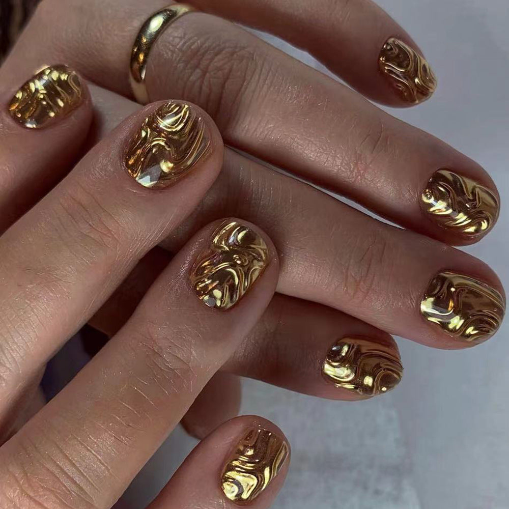 Gilded Elegance Glossy Short Square Gold Swirl Press On Nail Set with Shimmering Highlights