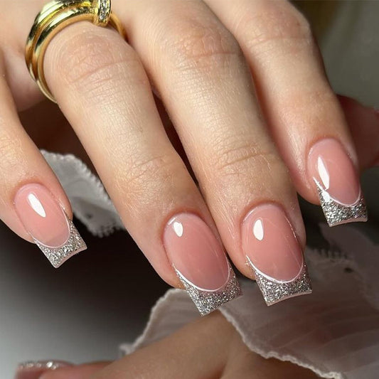 Glamour Nights Medium Square Pale Pink Press On Nails with Sparkling Silver Accents