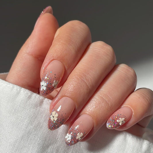 Enchanted Sparkle Medium Almond Pink Glitter Press On Nail Set with 3D Floral Accents