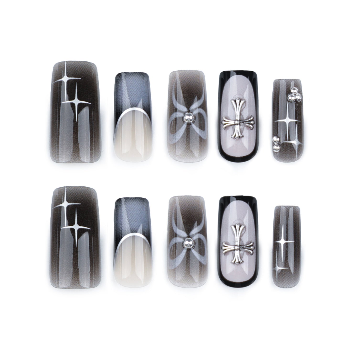 Mystical Elegance Long Square Ombre Press On Nails with Silver Accents and Rhinestone Embellishments