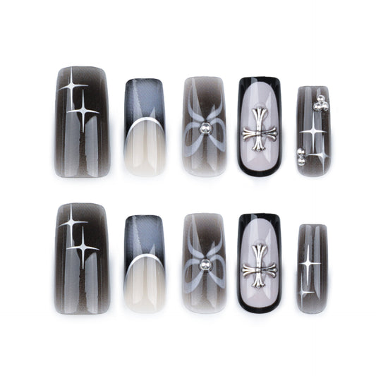 Mystical Elegance Long Square Ombre Press On Nails with Silver Accents and Rhinestone Embellishments