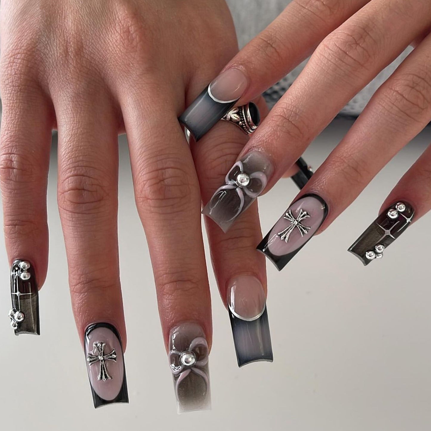 Elegant Edge Long Square Charcoal Gray Press-On Nails with 3D Jewel Embellishments