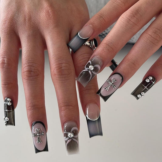 Elegant Edge Long Square Charcoal Gray Press-On Nails with 3D Jewel Embellishments