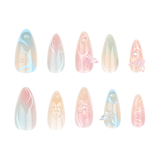 Enchanted Pastel Oasis Long Almond Press On Nail Set with Rhinestone Accents Multicolor Gradient Design