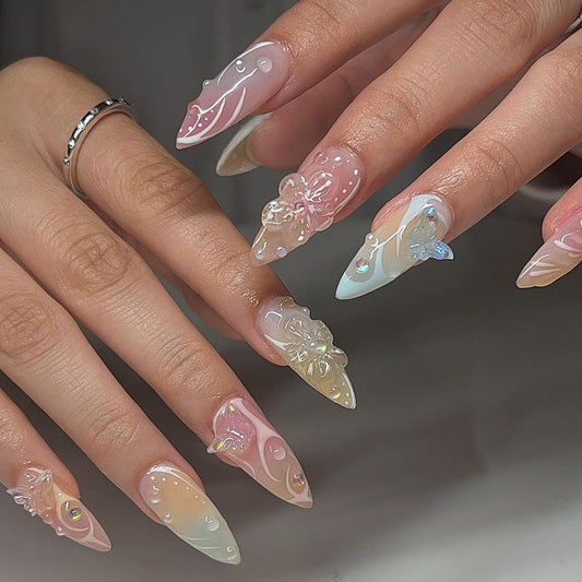 Enchanted Garden Long Almond Pastel Ombre Press On Nail Set with 3D Floral Embellishments