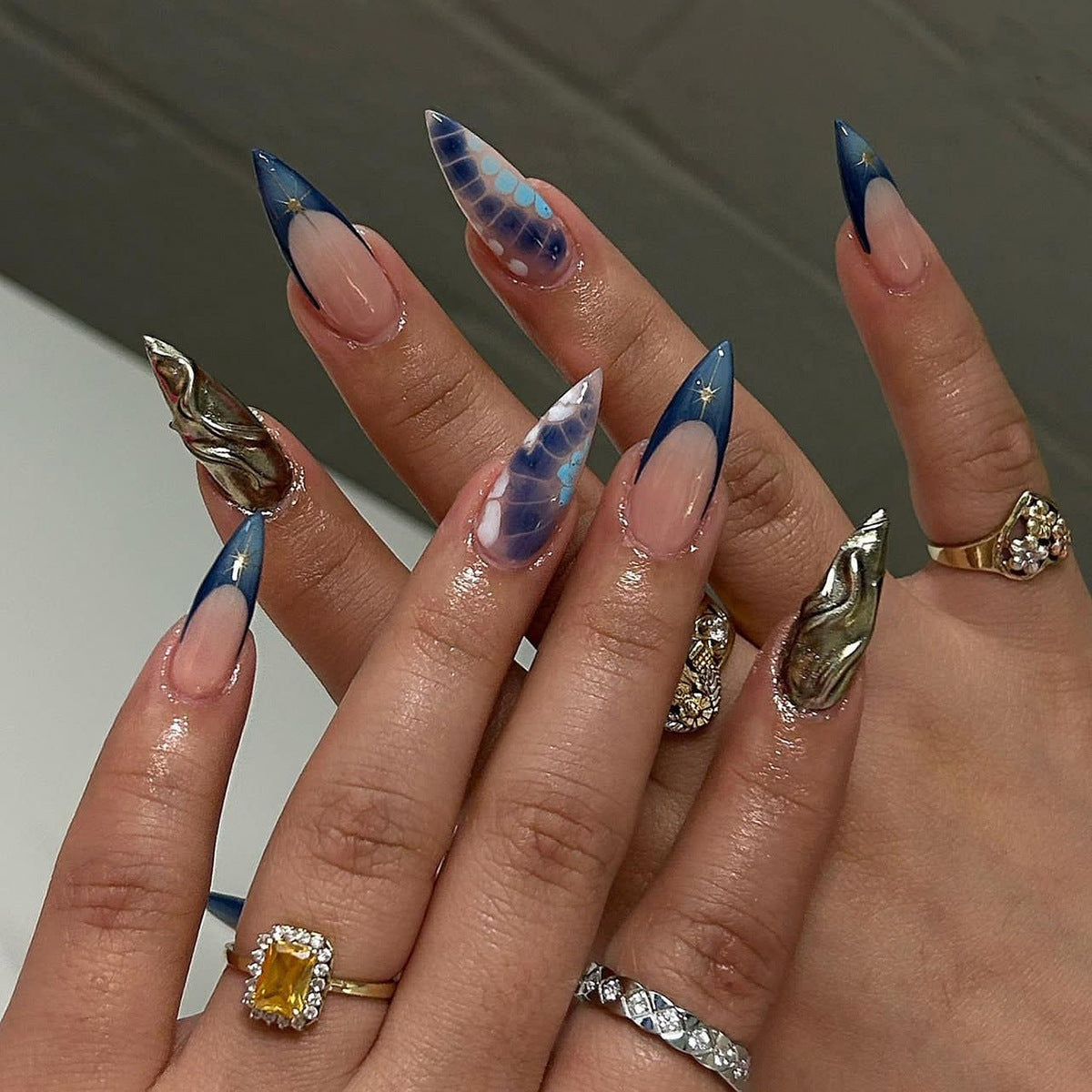 Starry Night Medium Stiletto Blue Ombre Press On Nails with Accent Moon and Stars Design