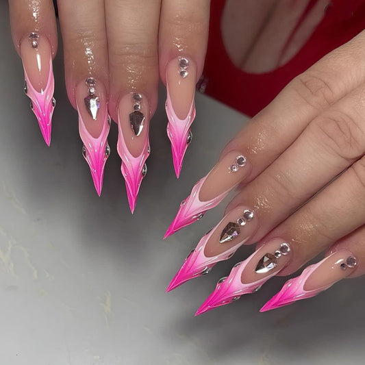 Enchanted Elegance Long Stiletto Gradient Pink Press On Nail Set with Rhinestone Accents