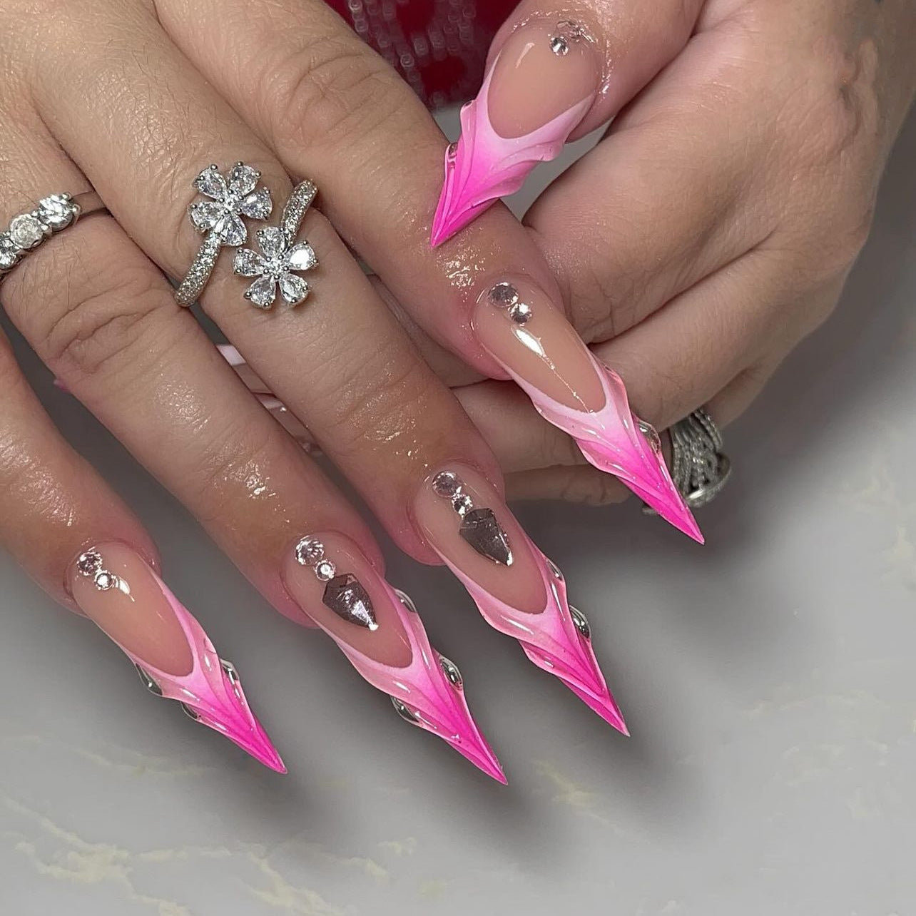 Enchanted Elegance Extra Long Stiletto Pink Ombre Press On Nail Set with Rhinestone Accents