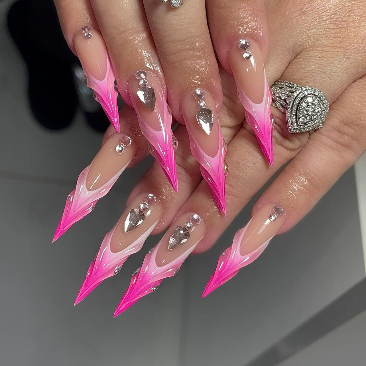 Enchanted Glamour Long Stiletto Pink and Clear Press On Nails with Rhinestone Accents