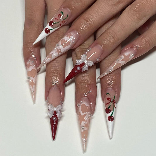 Enchanted Cherry Blossom Long Stiletto Pink and White Press On Nail Set with 3D Art Accents