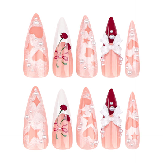 Winter Wonderland Long Stiletto Pink Press On Nail Set with Glitter Accents and 3D Embellishments