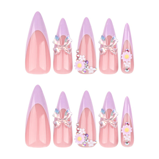 Spring Blossom Extra Long Almond Pink Press On Nails with 3D Floral Embellishments