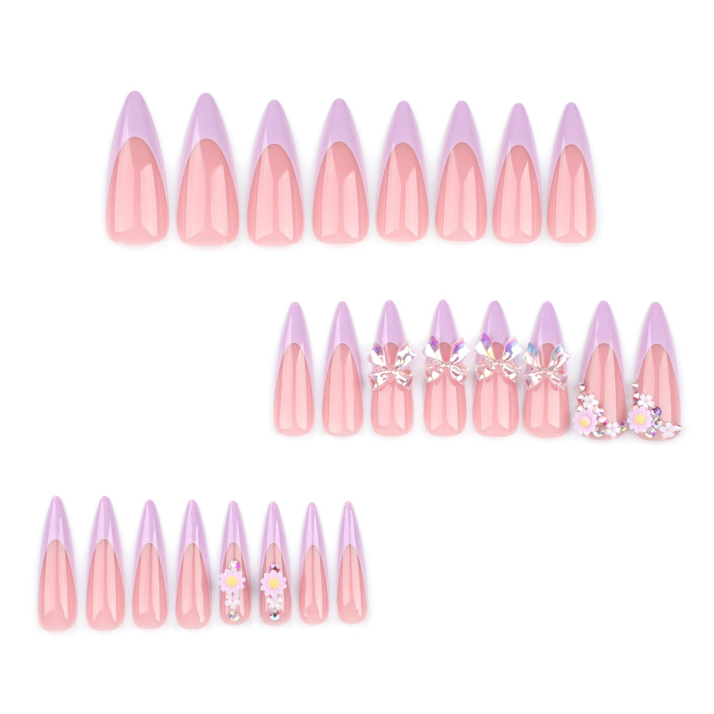 Whimsical Floral Fantasy Long Stiletto Shaped Pink and Lavender Press On Nail Set with Decorative Accents