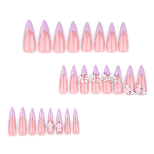 Whimsical Floral Fantasy Long Stiletto Shaped Pink and Lavender Press On Nail Set with Decorative Accents
