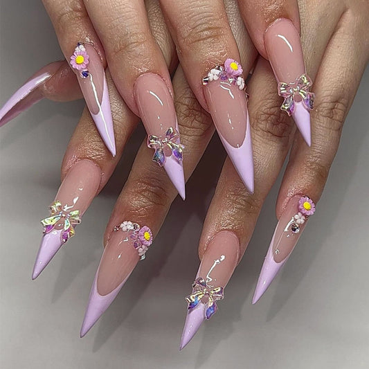 Enchanted Garden Extra Long Stiletto Lavender Press On Nails with Floral Embellishments
