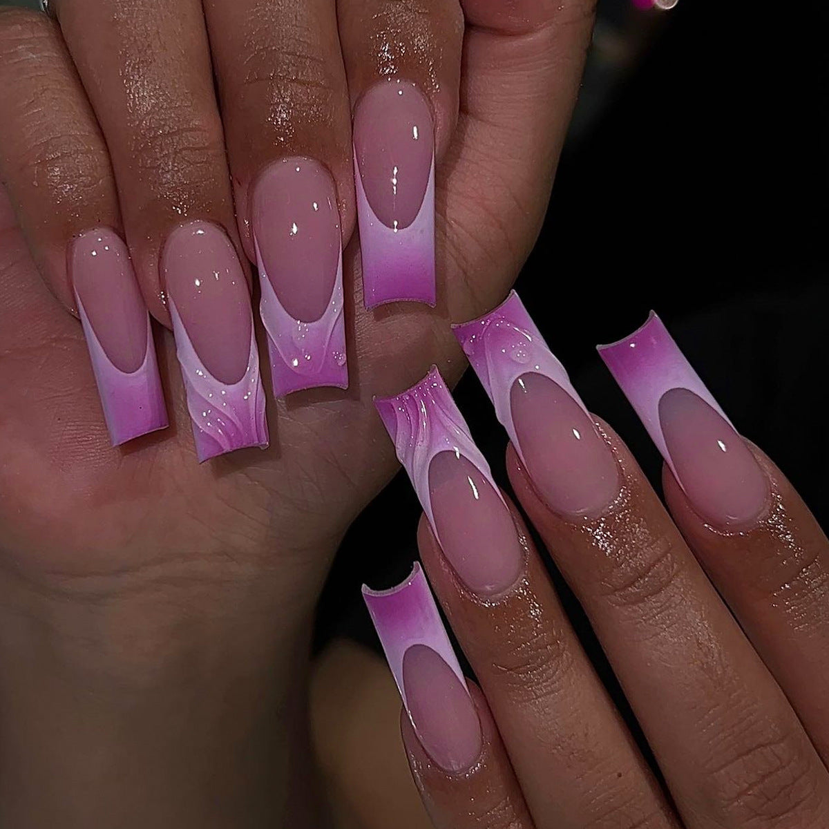 Enchanted Evening Long Coffin Ombre Pink Glitter Accent Press On Nail Set