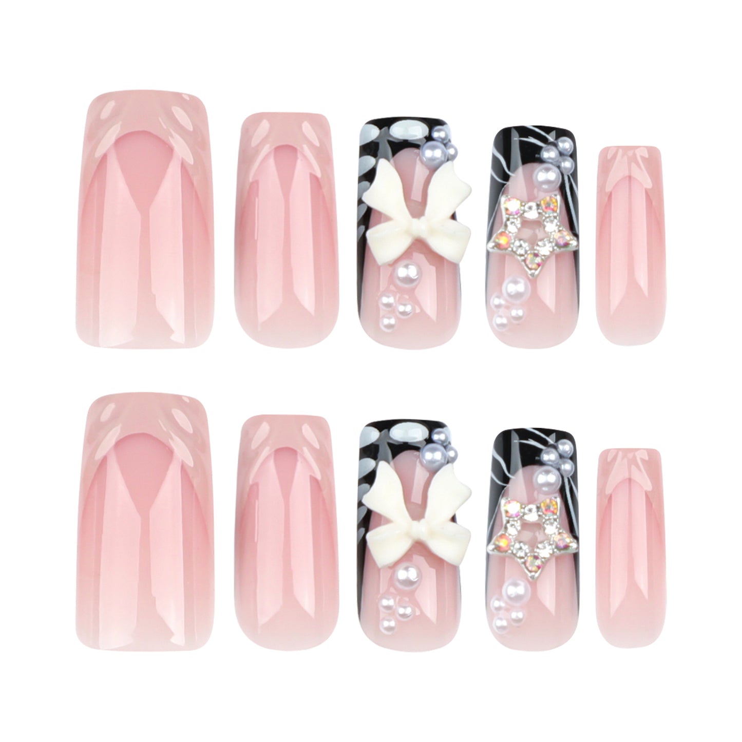 Chic Elegance Medium Square Pink Press-On Nail Set with Unique Decorative Accents