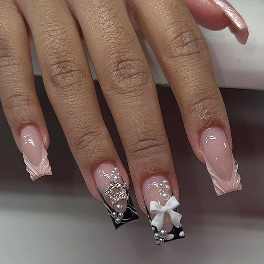 Chic Elegance Long Square Blush Pink Press On Nails with Pearl and Bow Details