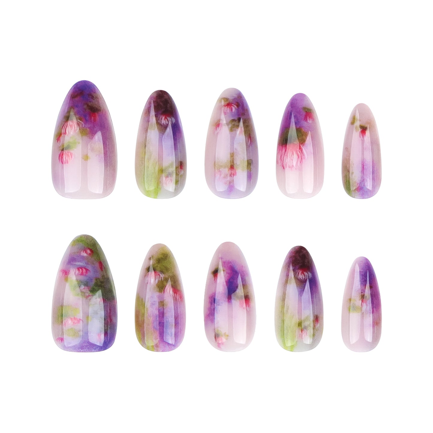 Enchanted Garden Medium Almond Pastel Floral Press On Nail Set with Real Flower Design