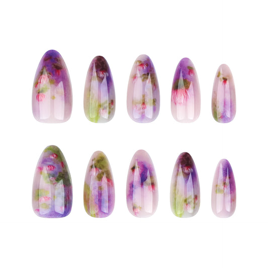Enchanted Garden Medium Almond Pastel Floral Press On Nail Set with Real Flower Design