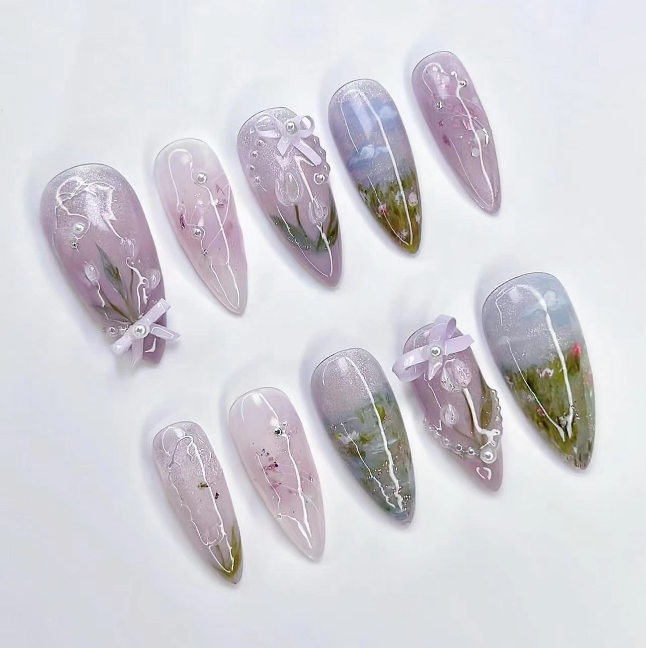 Enchanting Floral Dream Long Almond Purple Press On Nail Set with Elegant Ribbon and Pearls